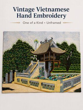 Vintage Vietnamese Silk Embroidery Pagoda Garden Panel 13x22 Multicolor